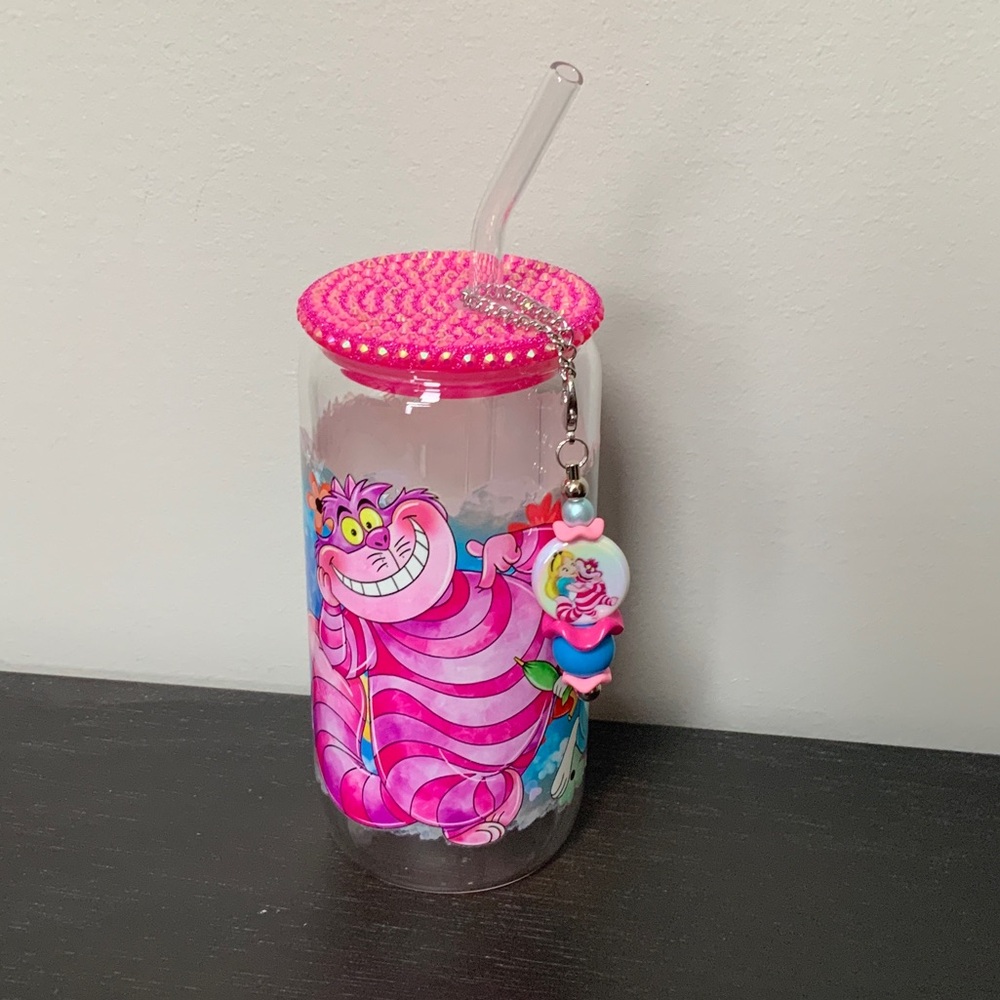 Pink Striped Cat Tumbler with Straw